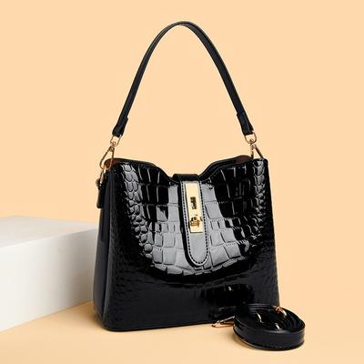 New Women's Bag Patent Leather Stone Pattern Handbag Crocodile Pattern Women's Bag Bucket Bag Shoulder Messenger Bag