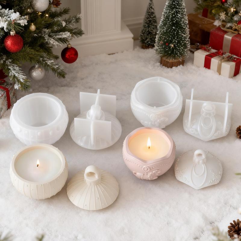 Round Candle Jar Silicone Mold Diy Christmas Ball Relief Storage Box Molds For Concrete Plaster Resin Crafts Home Xmas Decor