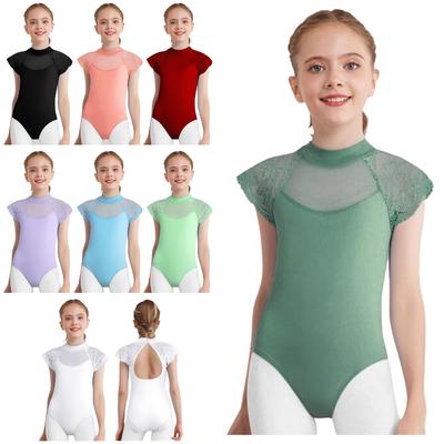 Mädchen Ballett Trikot Spitze Kappenärmel Transparentes Mesh Ausschnitt Body Tanzprüfung Übungskostüm