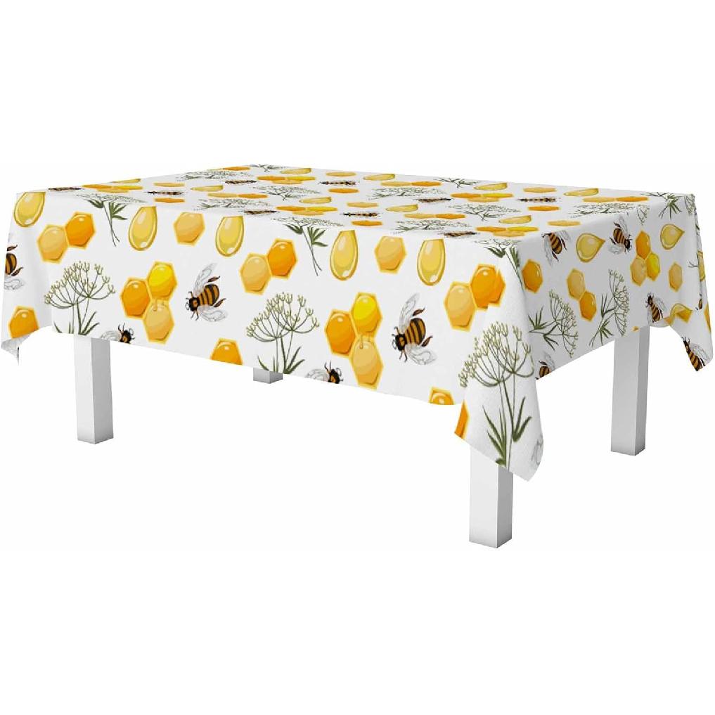 Bees Honeycombs Yellow Rectangular Tablecloth Nectar Honey Beehive Farm Polyester Table Cloths for Dining Kitchen Outdoor Picnic Camping Party