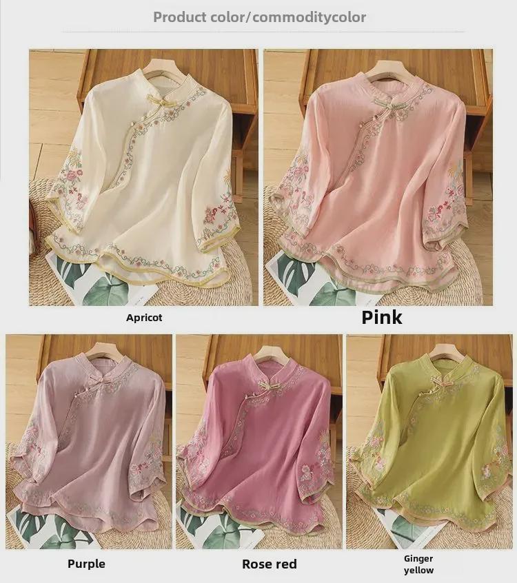 2024 Retro Style Women's Embroidered Cotton-Linen Shirt with Buttoned Lapel and Three-quarter Sleeves