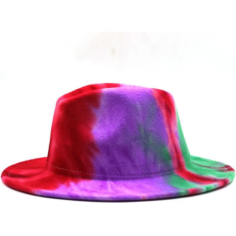 Kapelusze fedora kobiety mężczyźni szerokie rondo Tie Dye jesień zima kobiety kapelusze vintage fascinator wielokolorowy niebieski zielony biały filcowy kapelusz mężczyźni