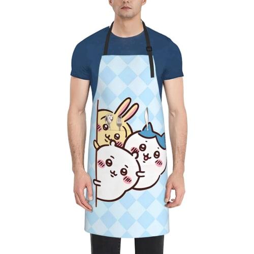 Cute Hachiware (Hachi-ware) Apron for Kitchen, Cafe, or Cooking, with Neck Strap and Pockets, Waterproof and Stain-Resistant for Home and Work Use