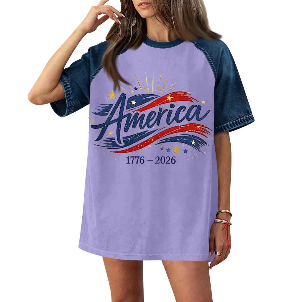 Women's Casual Short Sleeve T-Shirt Denim Patchwork Top 250th Independence Day Graphic Print Comfortable Fit Relaxed Style