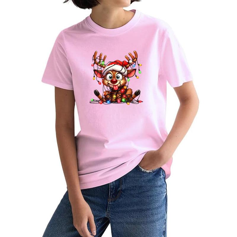 Women Cute Reindeer Christmas Lights Graphic Tshirt Funny Santa Hat Deer Printed Short Sleeve Tops Xmas Holiday Casual Tee Gift