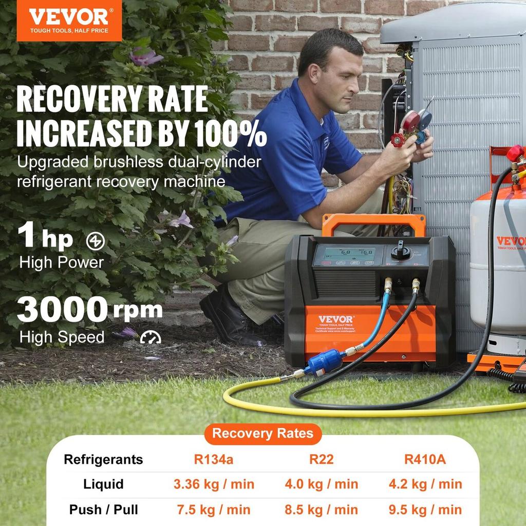 Refrigerant Recovery Machine 1 HP Dual Cylinder Brushless Portable AC