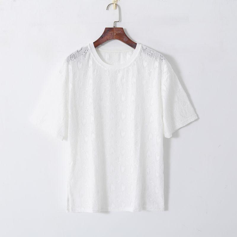 

Летняя женская одежда в K-стиле, большого размера, средней длины, длинная, однотонная, вязаная крючком, с вырезами, легкая, просвечивающая, с коротким рукавом, свободная футболка White XL