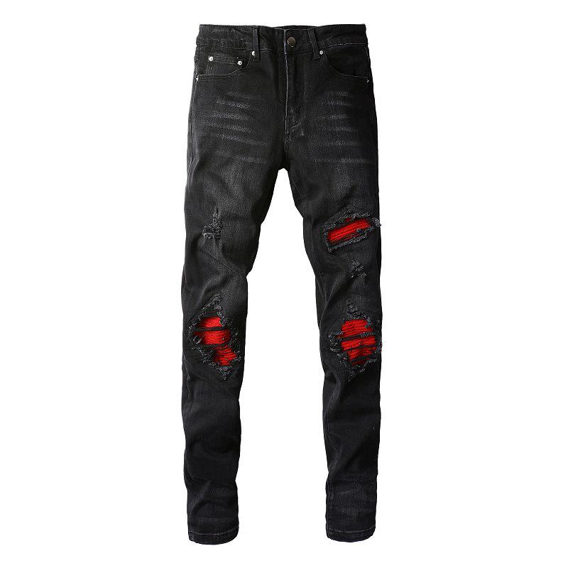 

European & American Men s Trendy Ripped Patch Slim Fit Skinny Streetwear Jeans 36 чёрный