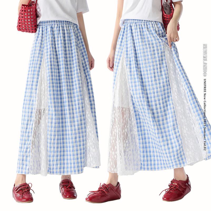 UNIFREE Blue Plaid Lace-Spliced A-Line Skirt One Size