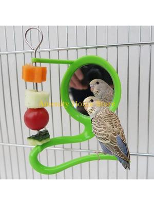 F26C Parrot Mirror for Cage Bird Fruit Feeder with Plastic Perch Easy To Install