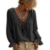 Women's Casual Solid-color Lace-trimmed Ruffled V-neck Bow-front Long-sleeve Blouse