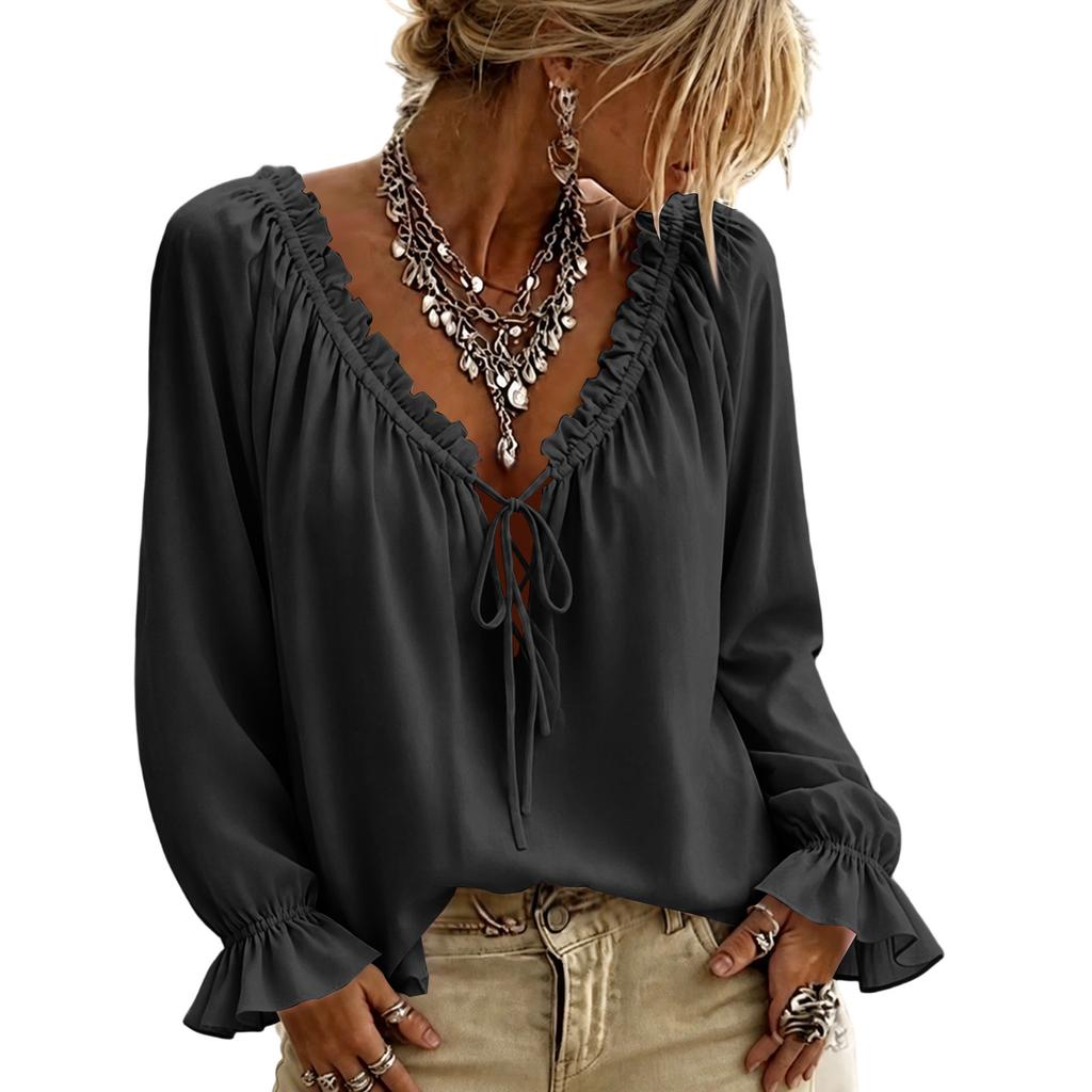 Women's Casual Solid-color Lace-trimmed Ruffled V-neck Bow-front Long-sleeve Blouse