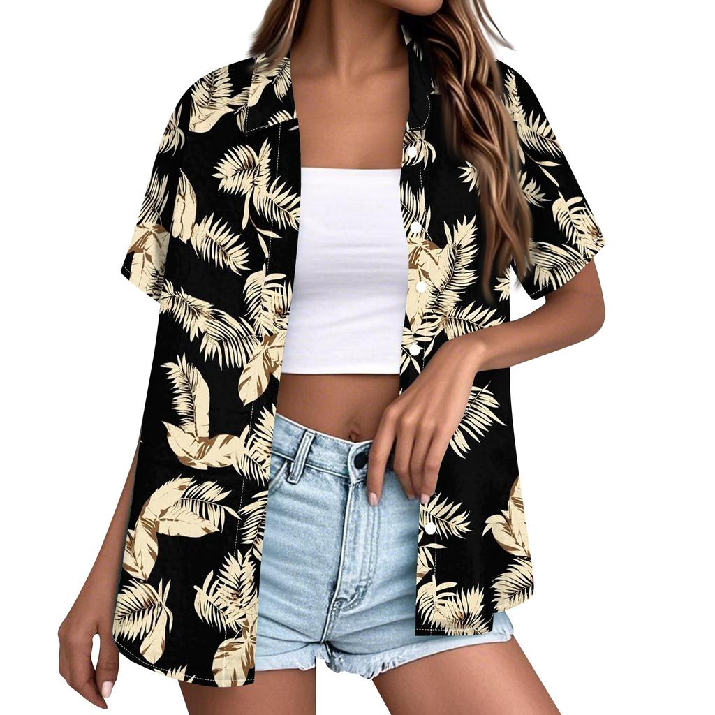 Women's Casual Short Sleeve Button Down Shirt Hawaiian Print Open Front Collar Blouse Lightweight Summer Top