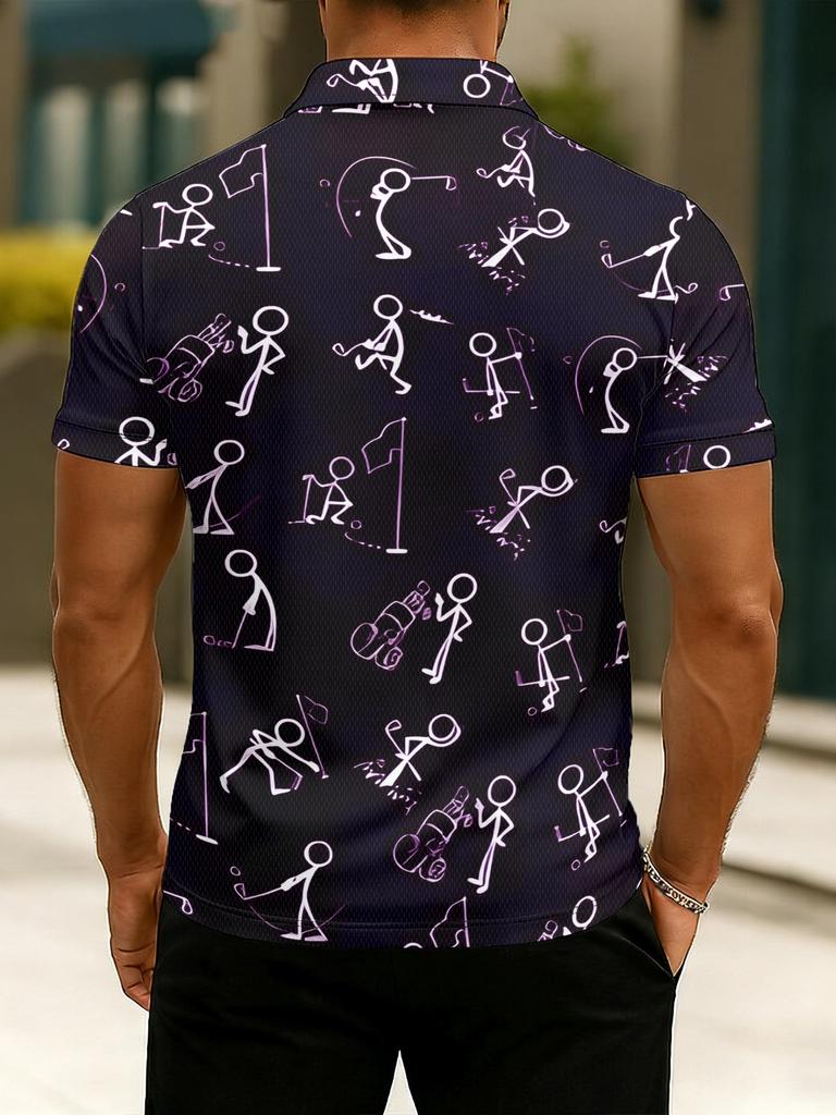 Golf Stick Figure Print Short Sleeve Polo Shirt, Casual Stylish Men's Top