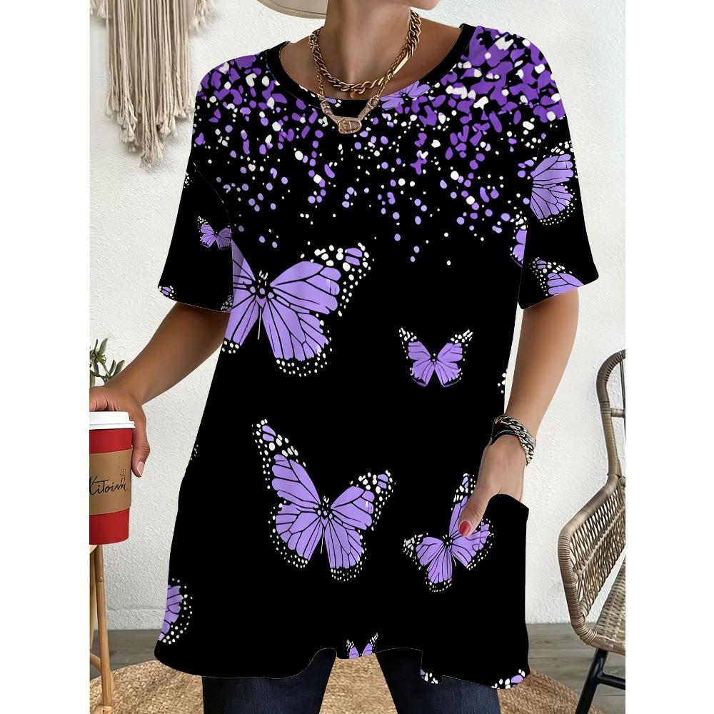 Ladies  Spring and Summer New Classic Simple Pocket Design T-shirt Versatile and Comfortable Round Neck Short Sleeve Top 3XL