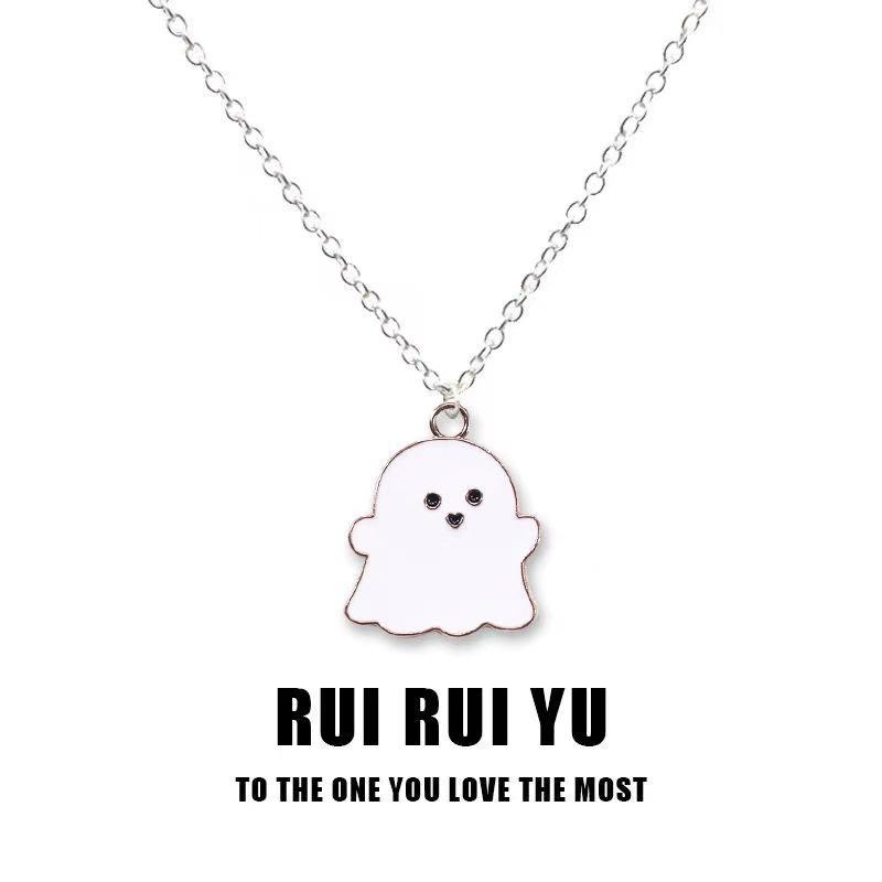 Black And White Ghost Necklace Halloween Gift Alloy Pendant Cartoon Style Regular Chain
