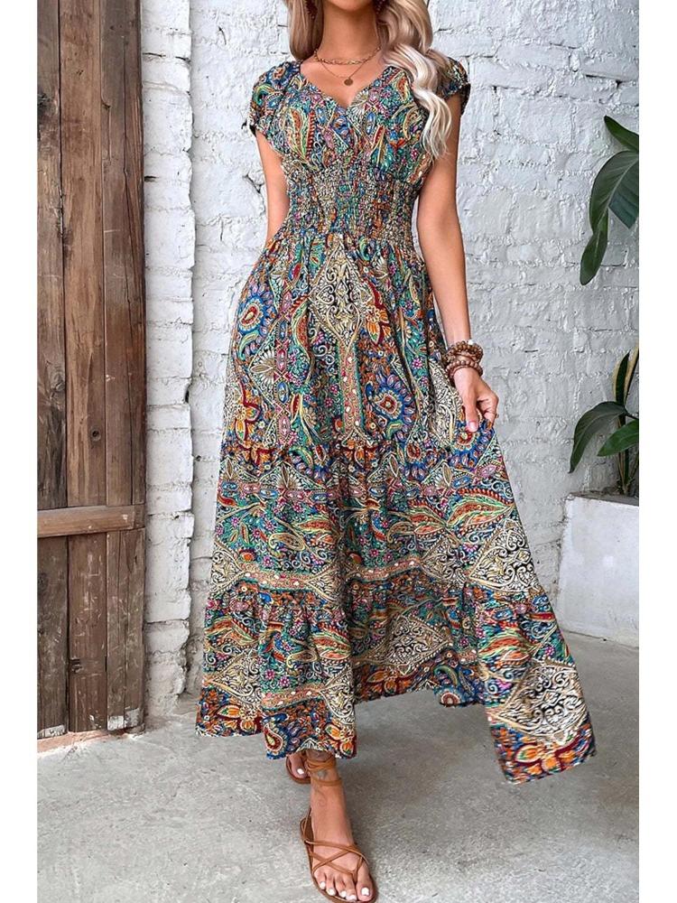 Women Bohemian Floral Maxi Dress 2025 Waist Accent European American Holiday Style