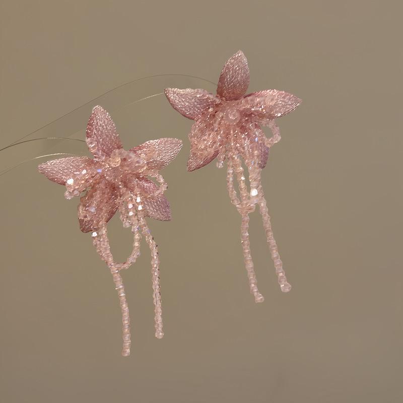 Elegant Pink Tassel Flower Stud Earrings - Exaggerated Fairy Style for Seaside Vacations