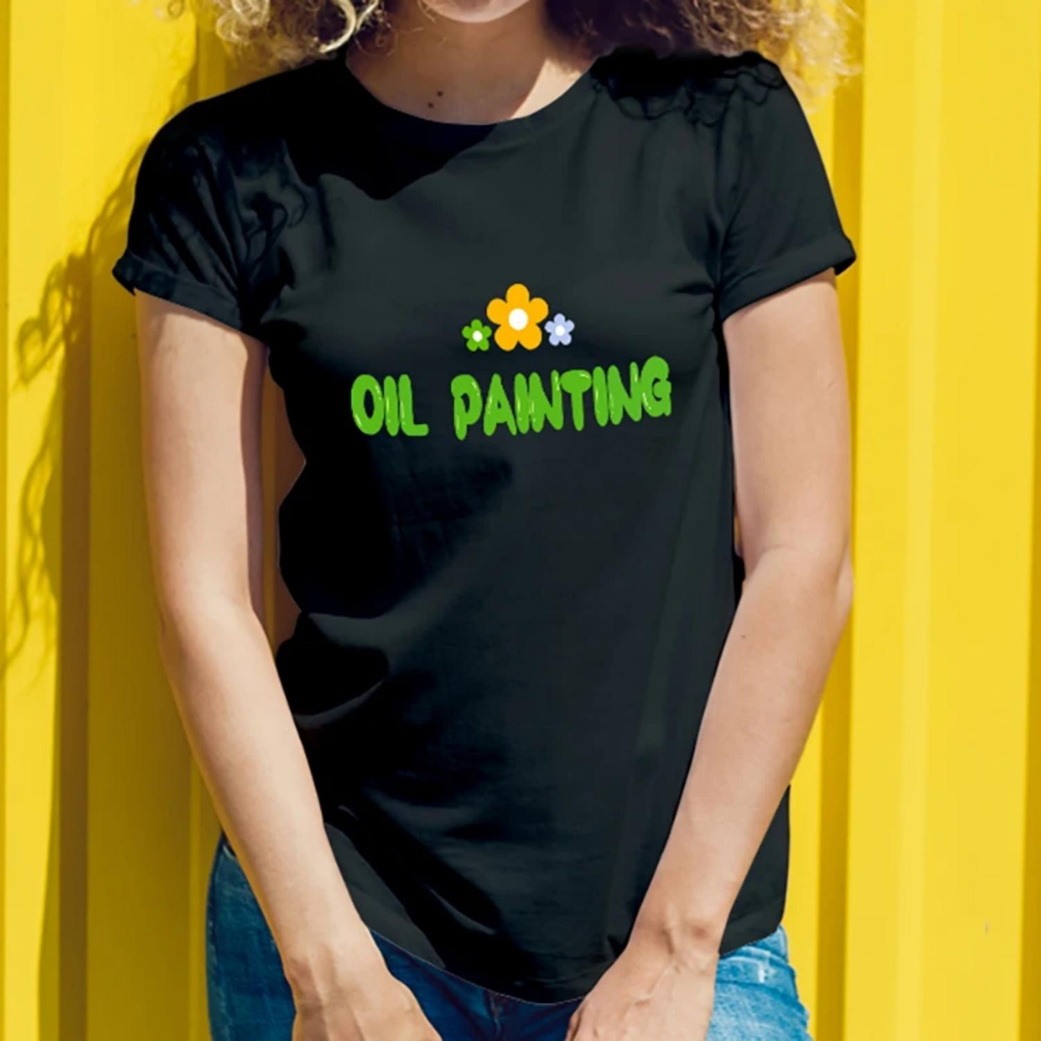 Summer Womens Short Sleeve CottonTShirtOilPaintingFloral accentedPrintforOutdoorArtthemedEventsYoungWomen with an Artistic Flair S чёрный