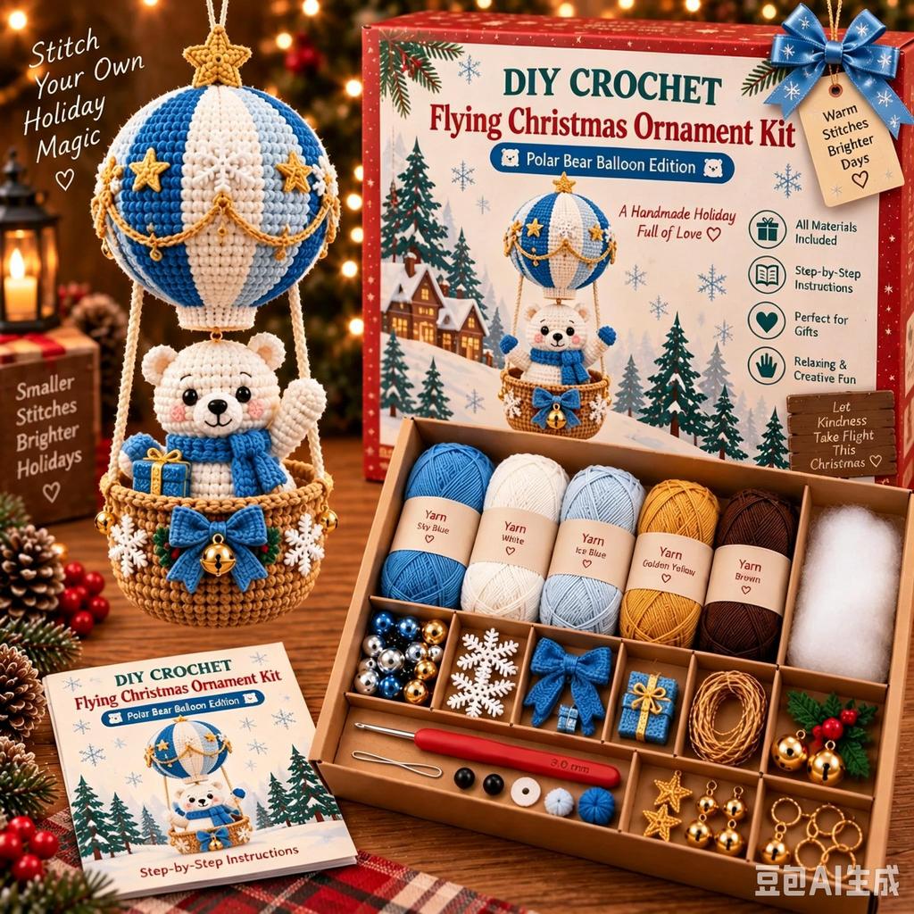 Flying Christmas DIY Crochet Kit, Handmade Xmas Ornament Knitting Set for Starter, Craft Yarn & Hook Kit, Christmas Gift