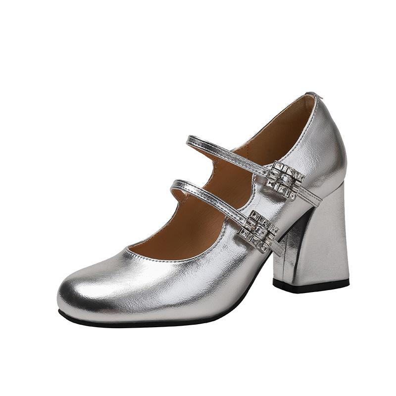 Chaussures femmes 2025 nouveau mot unique avec bouche légère strass talons hauts Sœur royale sexy argent Mary Jane chaussures simples