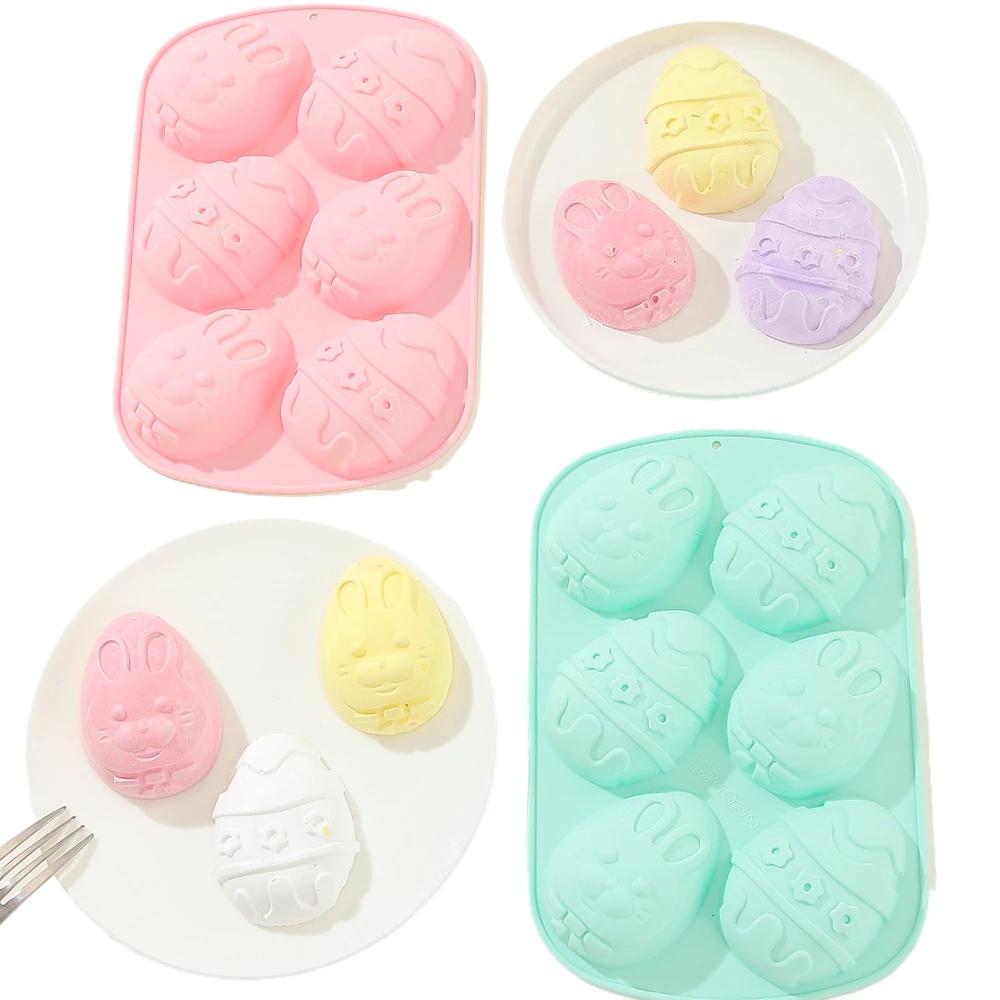 6 Holes Easter Egg Chocolate Molds Easy Demold Rabbit Face Mousse Cake Silicone Moulds Animal Gypsum Bunny Candle Festival Gifts