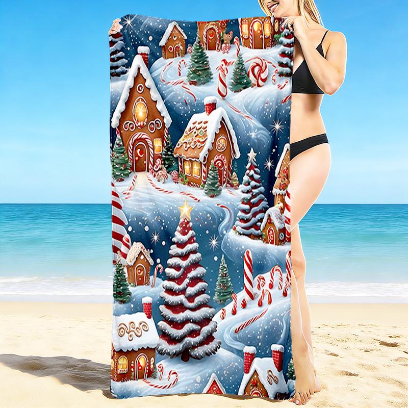 1Pc Gingerbread Village Winter Night Beach Towel, Quick Dry, Multi-Use for Beach Pool Gym Yoga Home Travel, Christmas, Halloween, Xmas Gift S27
