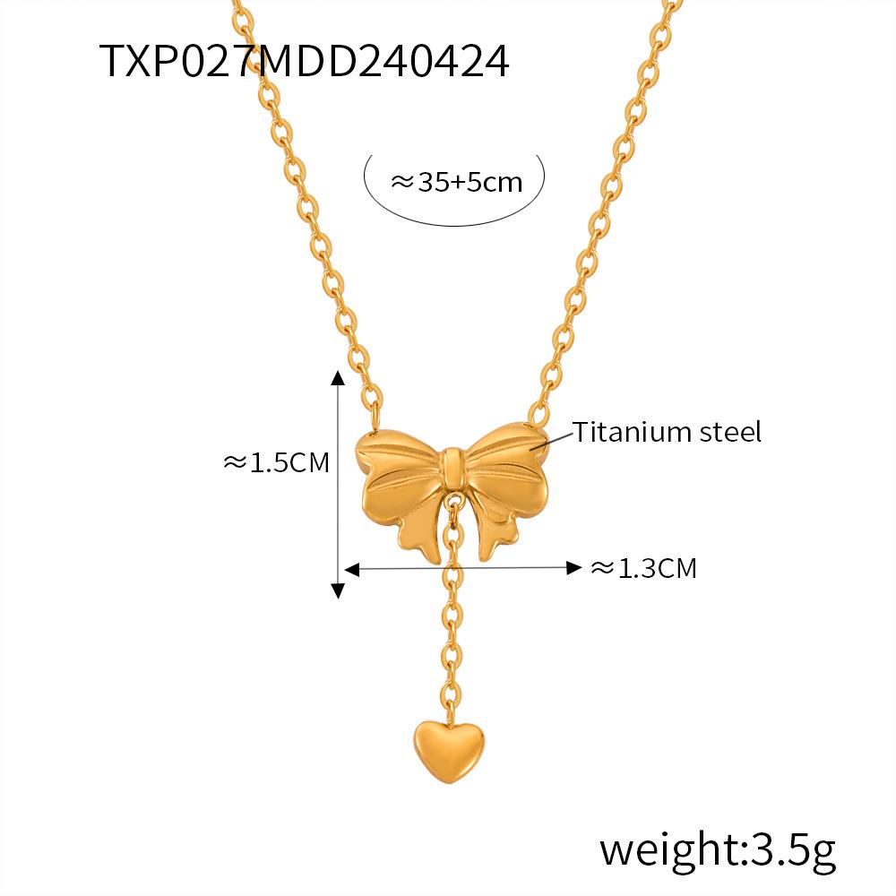 Heart-shaped Tassel Bow Necklace & Titanium Steel Earring Set