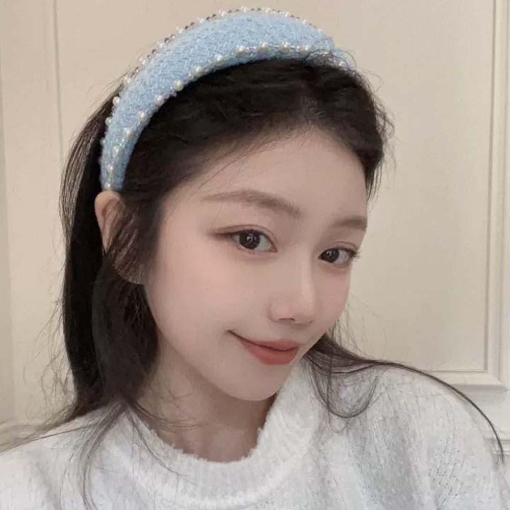 French Style Pearls Cloth Hair Hoop Rose Print Beige Blue Hair Band Beads Crystal Headband  Outdoor