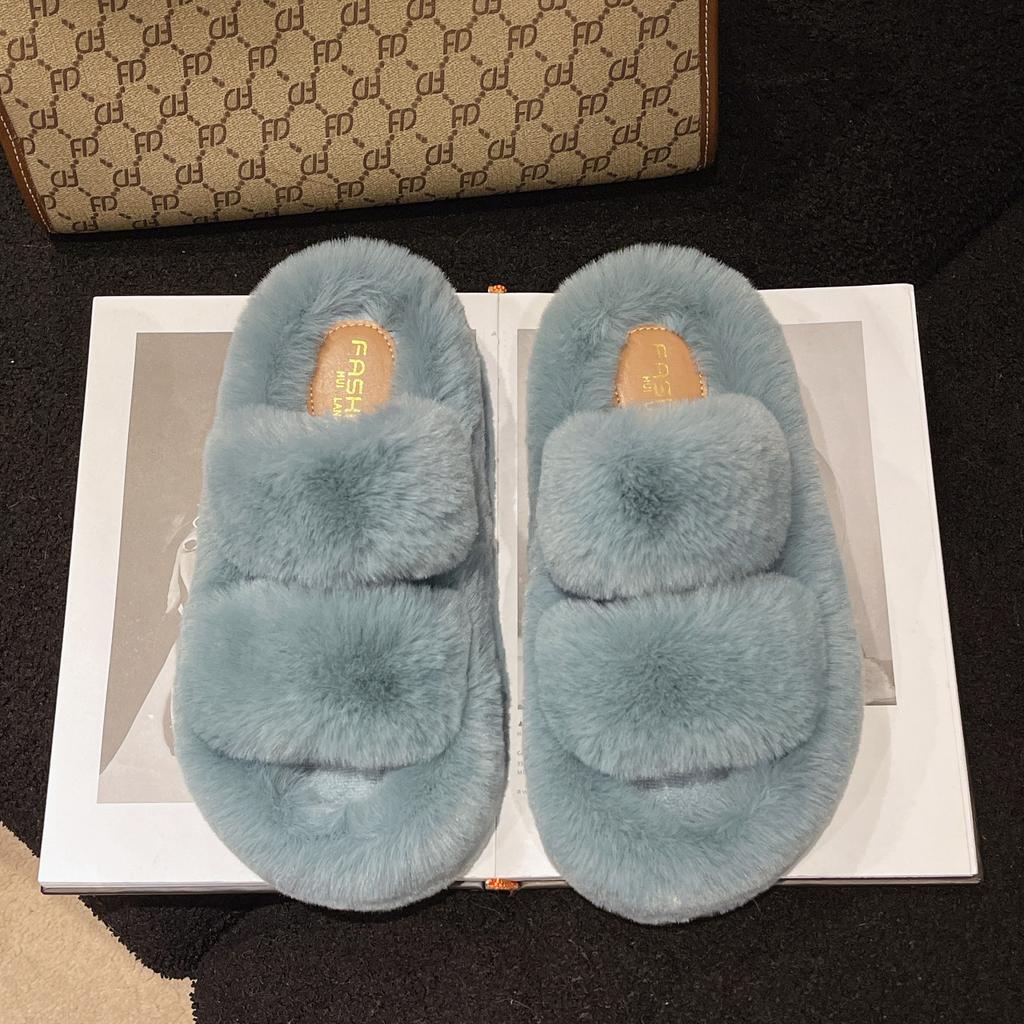2024 autumn and winter new fluffy slippers women wear large size thick bottom plush office home versatile cotton slippers women