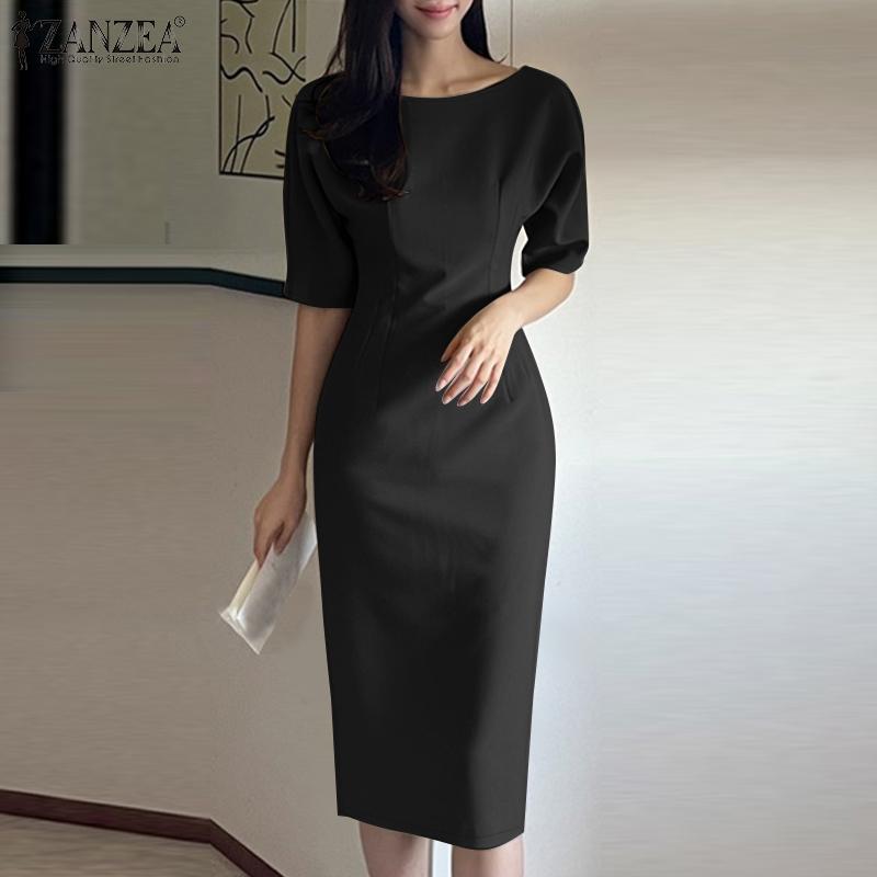 ZANZEA Women Casual Round Neck Summer Half Sleeve Sheath Dress