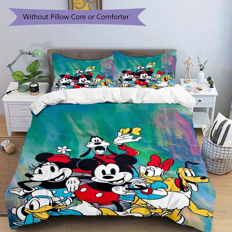 3pcs Mickey Minnie Goofy Pluto Donald & Daisy Duck Bedding Set 1 Soft Quilt Cover + 2 Pillowcases, Machine Washable