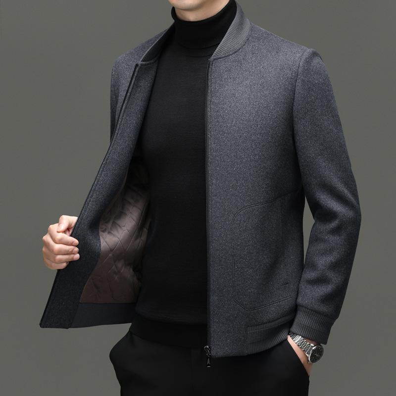 Men's Winter Wool Blend Stand Collar Short Jacket, Middle-Aged Casual Warm Thick Coat