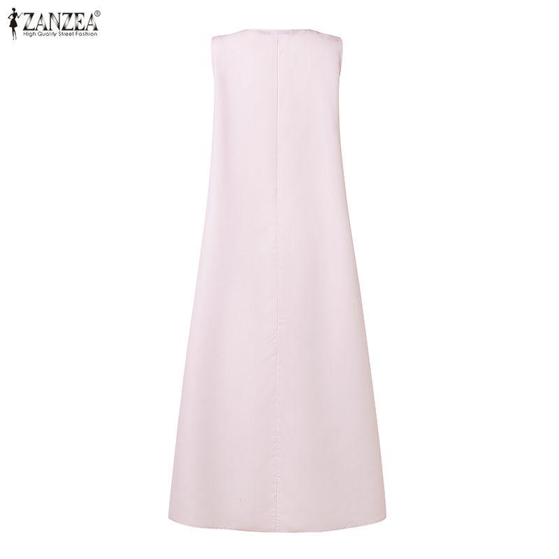 ZANZEA Women Boho Print Loose Casual Round Neck Sleeveless Long Dress
