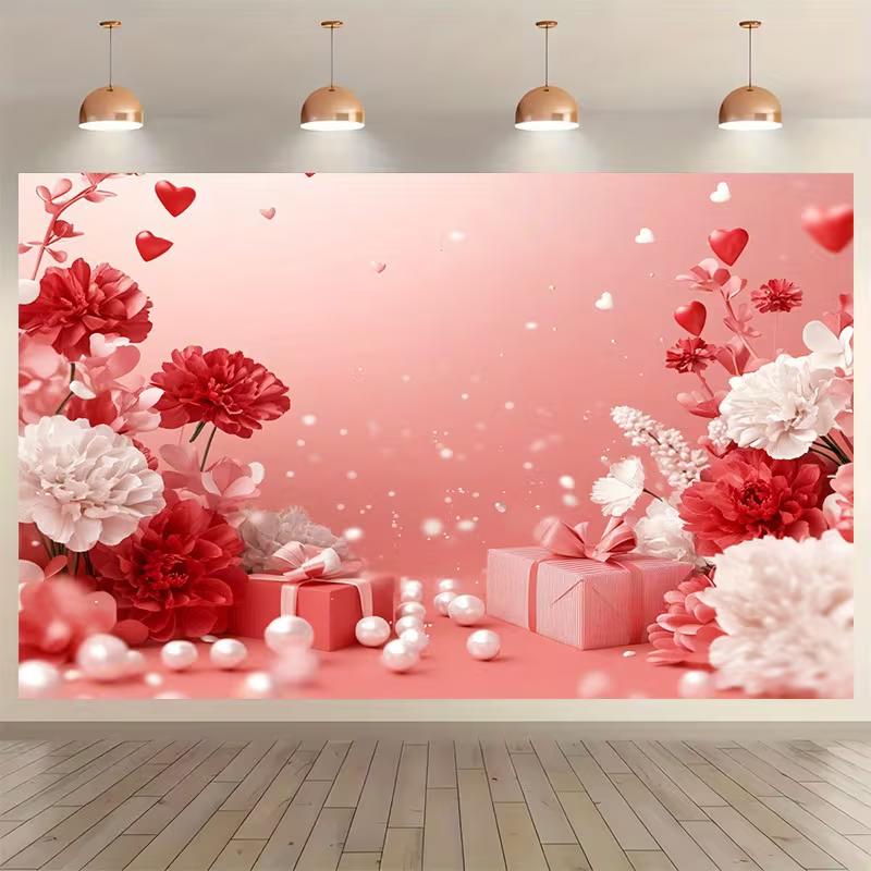 2D Pink Valentine Background, Red White Flowers & Gift Boxes Backdrop