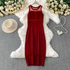 Summer Women Sleeveless Office Business Knitted Sweater Mesh Patchwork Sheath Bodycon Midi Dresses