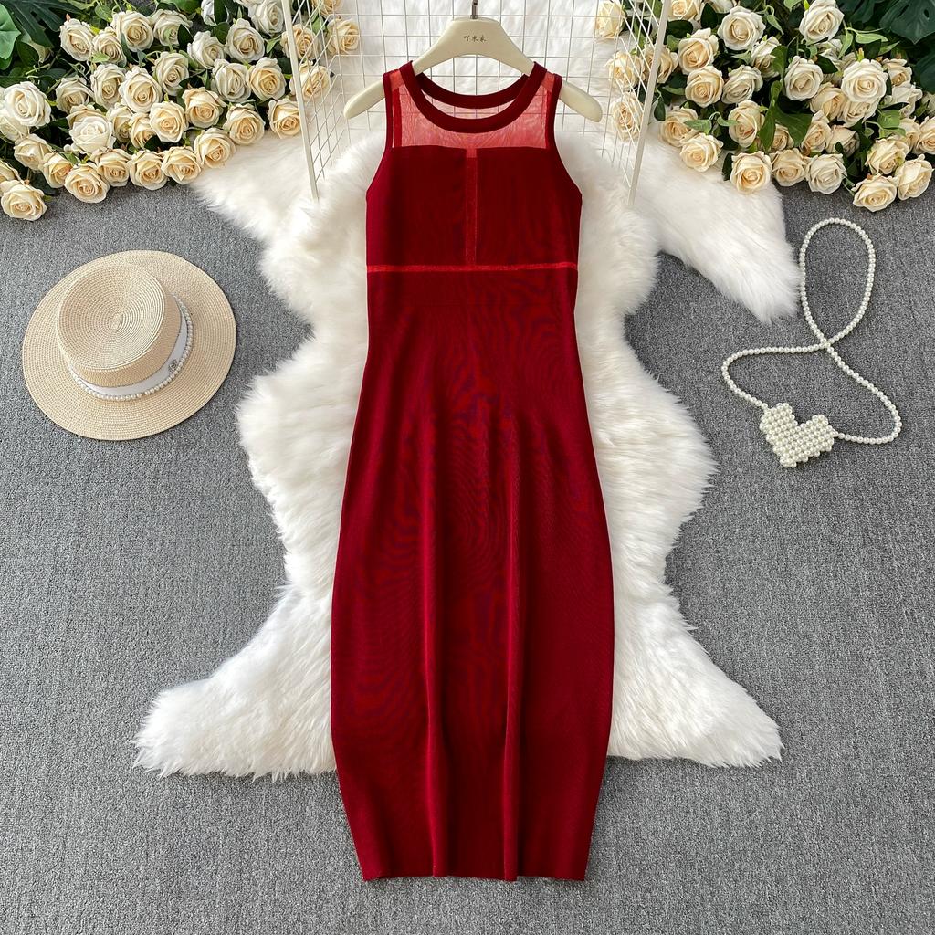 Summer Women Sleeveless Office Business Knitted Sweater Mesh Patchwork Sheath Bodycon Midi Dresses