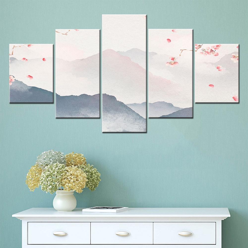 5 Pieces Canvas Wall Arts Illustrated Landscape Hazy Hills Cherry Trees Poster Modern Home Decor Modular Picture Living Room