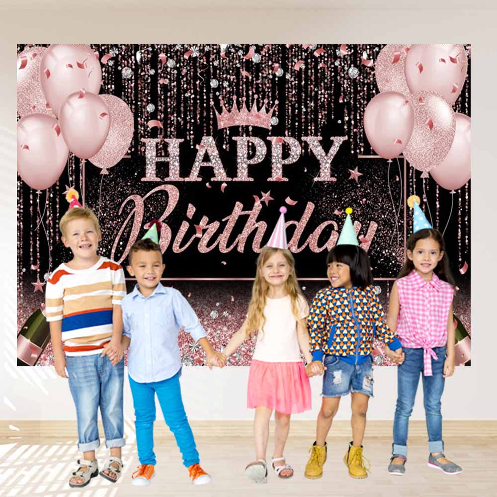 Black Pink Adult Birthday Background Banner Gold Glitter Balloon Party Decor Family Portrait Photography Backdrop Birthday Decor
