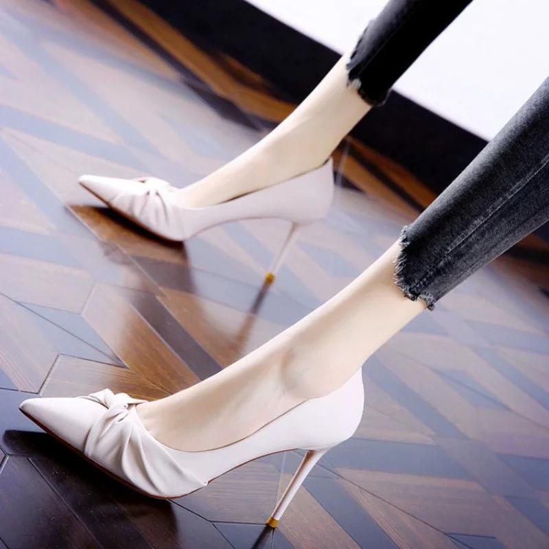 Fashion On Heeled Women's Shoes Evening Pointed Toe Thin Heels Ladies Footwear Beige Luxury Leather Casual Formal Wholesale Genuine Mark