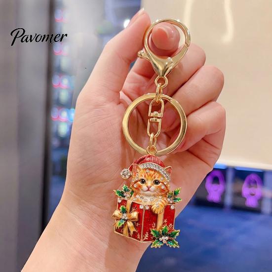 Decorative Purse Pendant Christmas Gift Box Cat Keychain, Bling Rhinestone Kitten Keyring Keychain Pendant, Backpack Handbag Accessory for Holiday