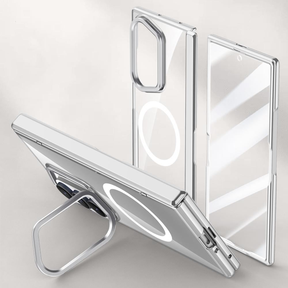 

For Samsung Galaxy Z Fold7 5G Magnetic Case PC+Acrylic Phone Cover with HD Tempered Glass Film,Lens Kickstand Silver
