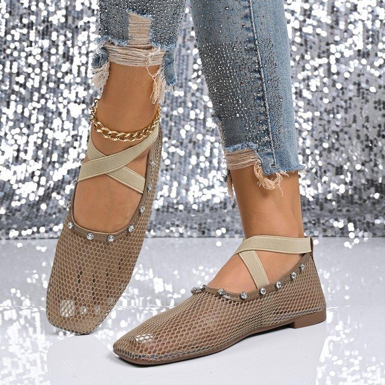 

Large size hollow-out rhinestone elastic band fashion sandals summer flat-bottomed round head ballet shoes women 43 хаки