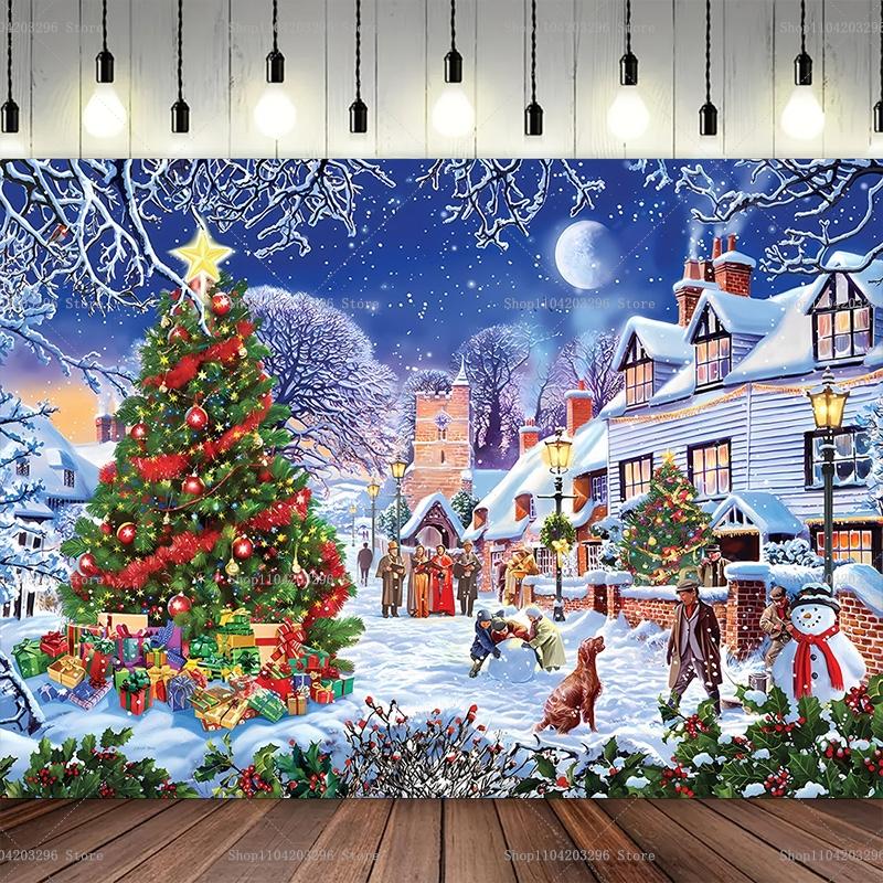 Winter Weihnachtsdorf Hintergrund Heimdekoration Fotostudio Hintergrund Neujahr Schneestadt Berge Hintergrund