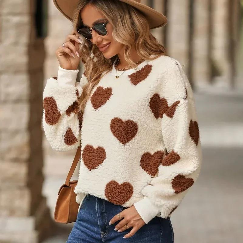 New Plush Heart-shaped Printed Sweater Women Loose Comfortable Round Neck Pullover Sweaters Casual Fashionable Long Sleeved Tops