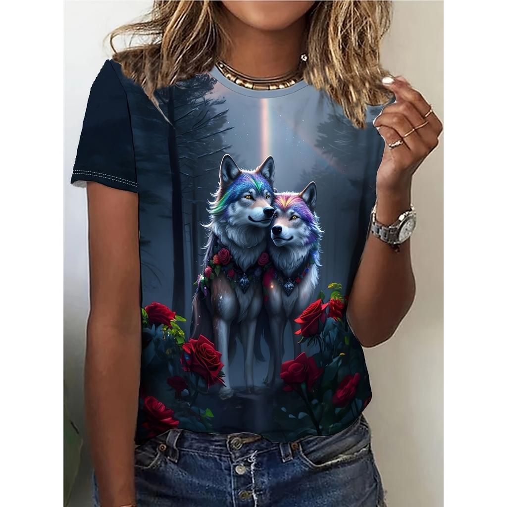 Summer New Women's 3D Digital Printed T-shirt Creative Animal Pattern Round Neck Casual Short Sleeve Loose Fashion Top