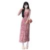 Pink Suspender Rose Print Dress Women's Autumn New Elegant Retro Square Collar Temperament Thin Waist Long Dress