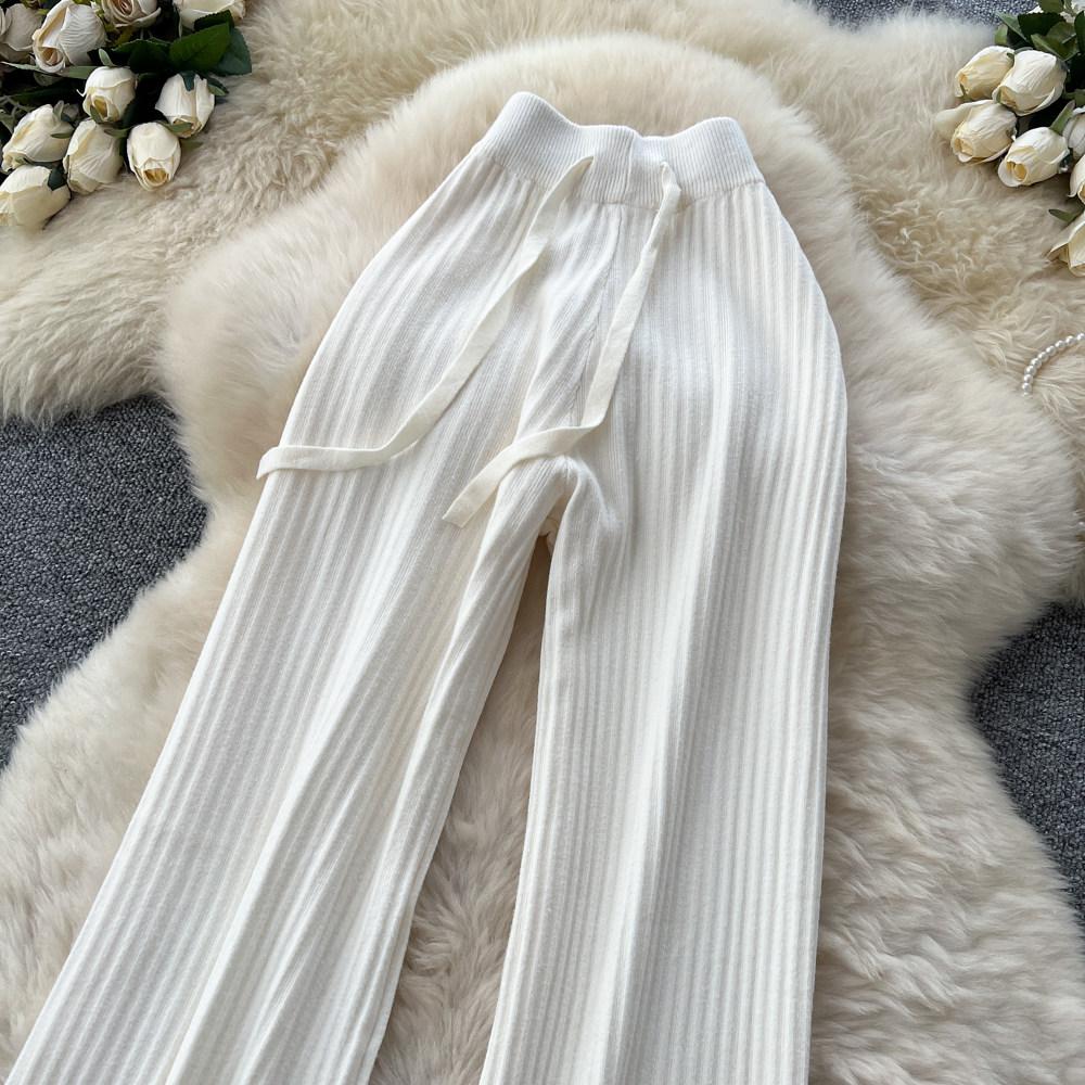 Herbst Winter Damen Lässiger Stil Gestrickter Pullover Kordelzug Weites Bein Hausanzug Hose