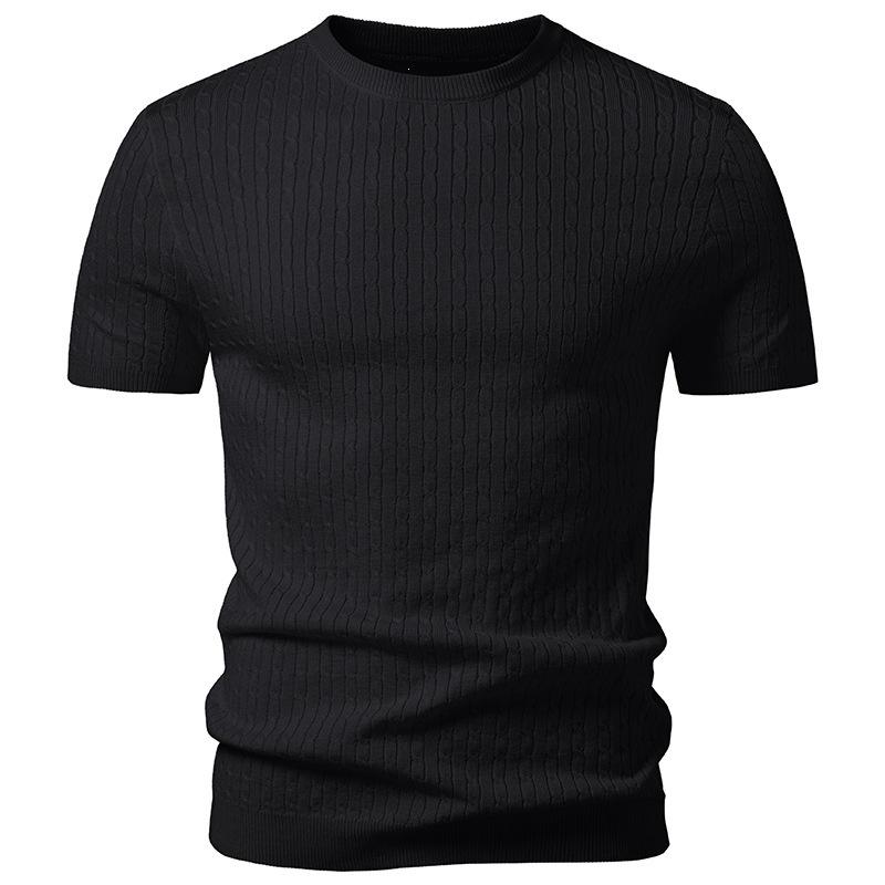 Herren Grau Geripptes Kurzarm-T-Shirt mit Rundhalsausschnitt