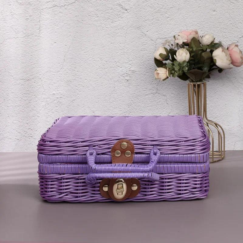 Portable PP Rattan Baskets Picnic Storage Basket Retro Wicker Suitcase Woven Hand Gift Box Sundries Cosmetic Organizer Boxs
